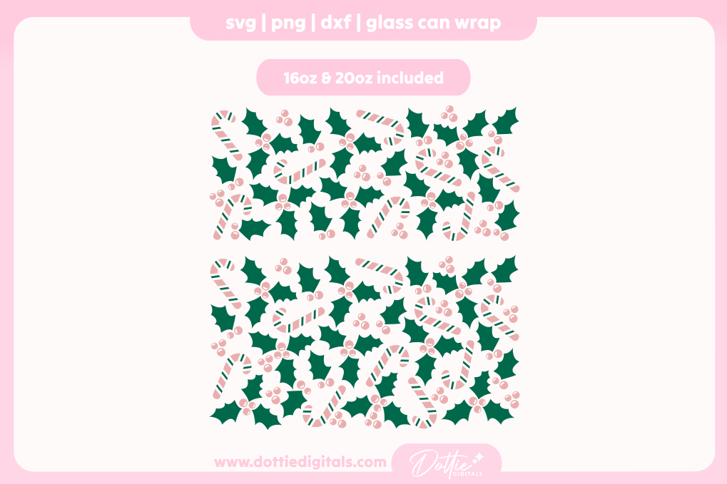 Pink Candy Canes and Jolly Holly 16oz & 20oz Libbey Glass Can Bundle SVG PNG