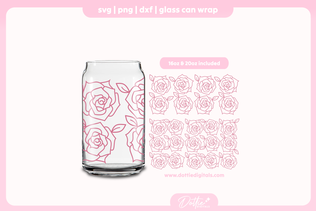 Line Drawing Roses 16oz & 20oz Libbey Glass Can Bundle SVG PNG