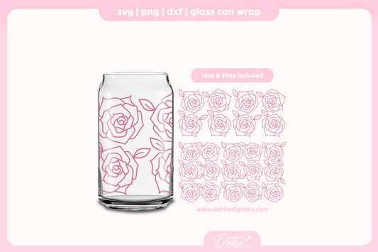 Line Drawing Roses 16oz & 20oz Libbey Glass Can Bundle SVG PNG