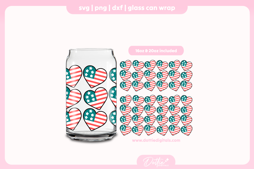 American Flag Heart 16oz & 20oz Libbey Glass Can Bundle SVG PNG