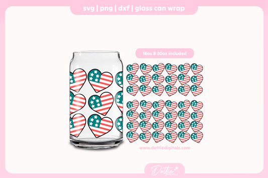 American Flag Heart 16oz & 20oz Libbey Glass Can Bundle SVG PNG