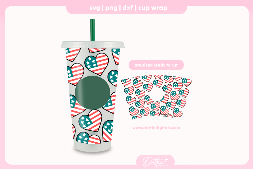 American Flag Heart America 4th of July Independence Day 24oz Starbucks Cold Cup SVG PNG