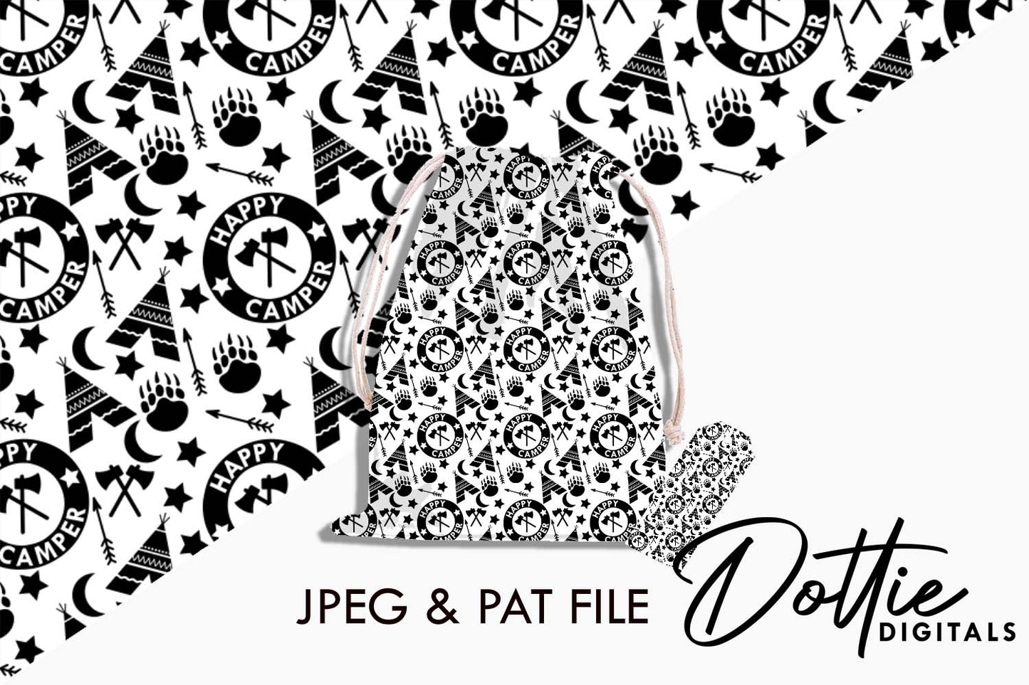Monochrome Happy Camper Repeat Seamless Pattern