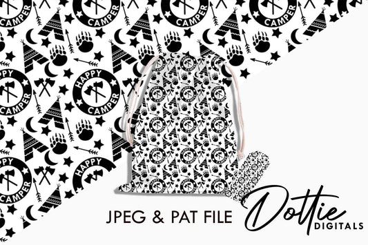 Monochrome Happy Camper Repeat Seamless Pattern