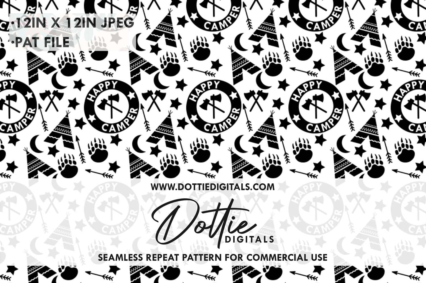 Monochrome Happy Camper Repeat Seamless Pattern