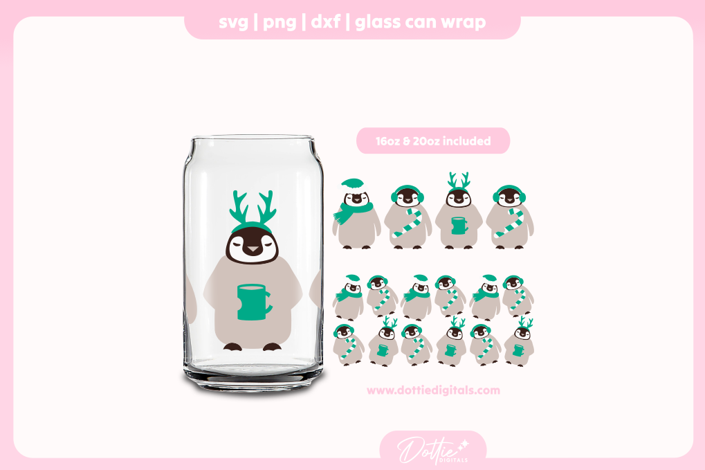 Christmas Penguins 16oz & 20oz Libbey Glass Can Bundle SVG PNG