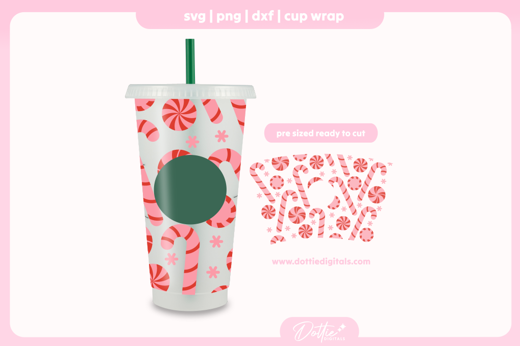 Xmas Pink Peppermints Candy Canes 24oz Starbucks Cold Cup SVG PNG