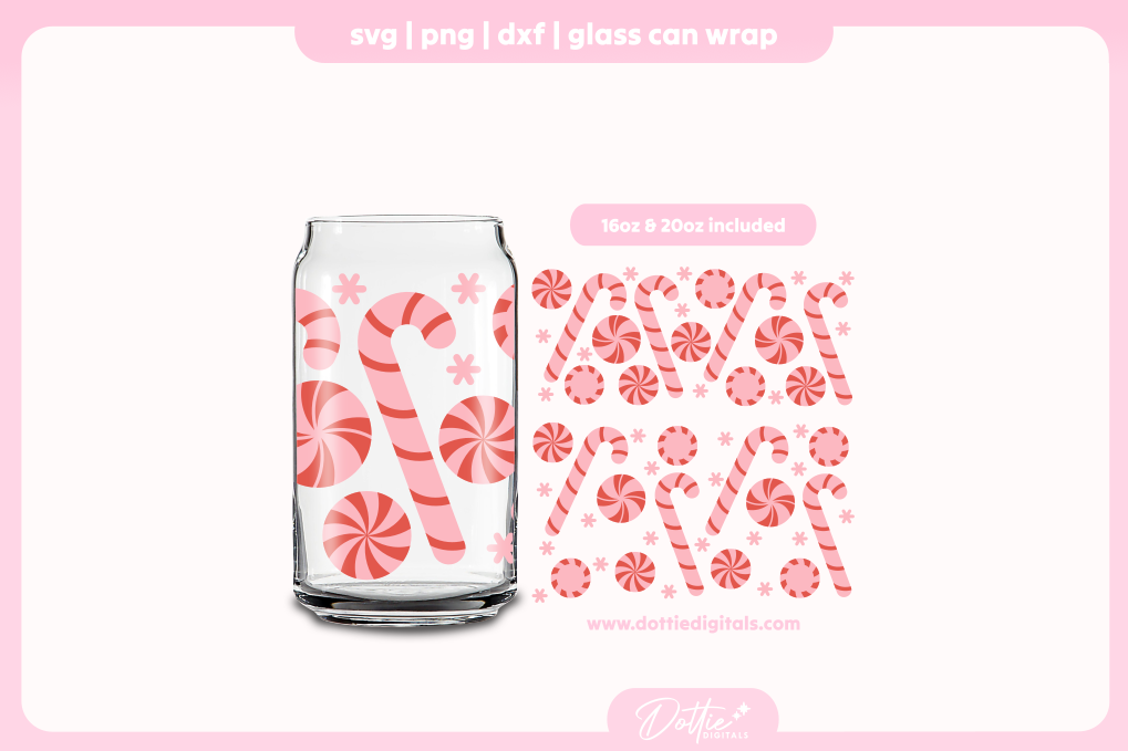 Christmas Pink Peppermints and Candy Canes 16oz & 20oz Libbey Glass Can Bundle SVG PNG