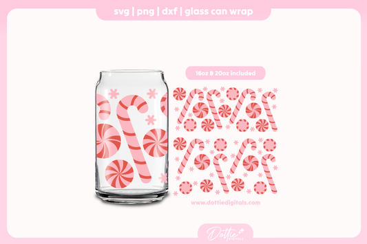 Christmas Pink Peppermints and Candy Canes 16oz & 20oz Libbey Glass Can Bundle SVG PNG