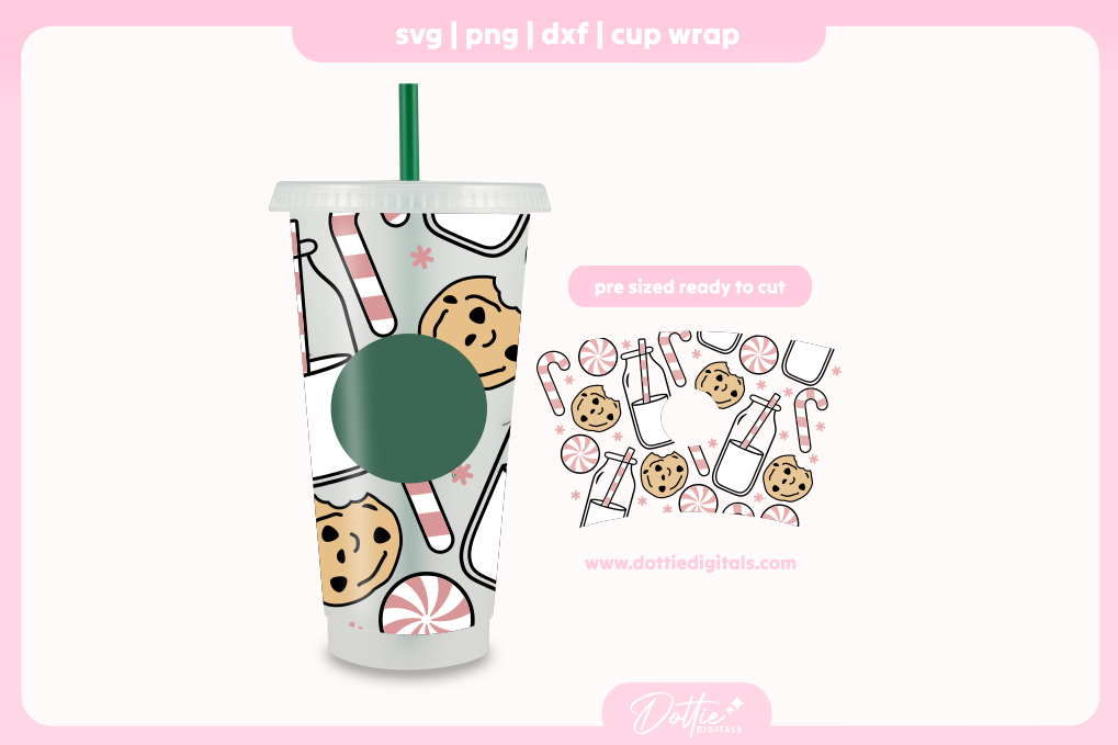 Christmas Milk And Cookies Pink Design Festive Holiday 24oz Starbucks Cold Cup SVG PNG