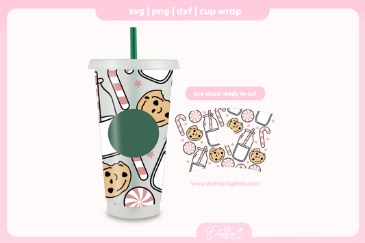 Christmas Milk And Cookies Pink Design Festive Holiday 24oz Starbucks Cold Cup SVG PNG