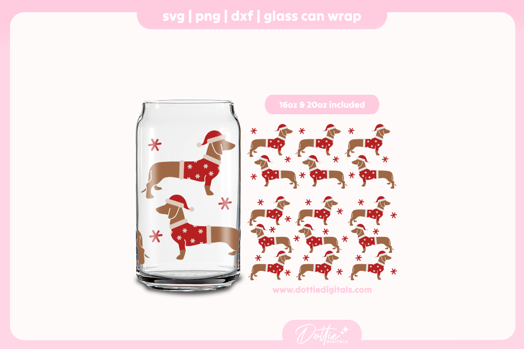 Santa Paws Sausage Dog Dachshund 16oz & 20oz Libbey Glass Can Bundle SVG PNG
