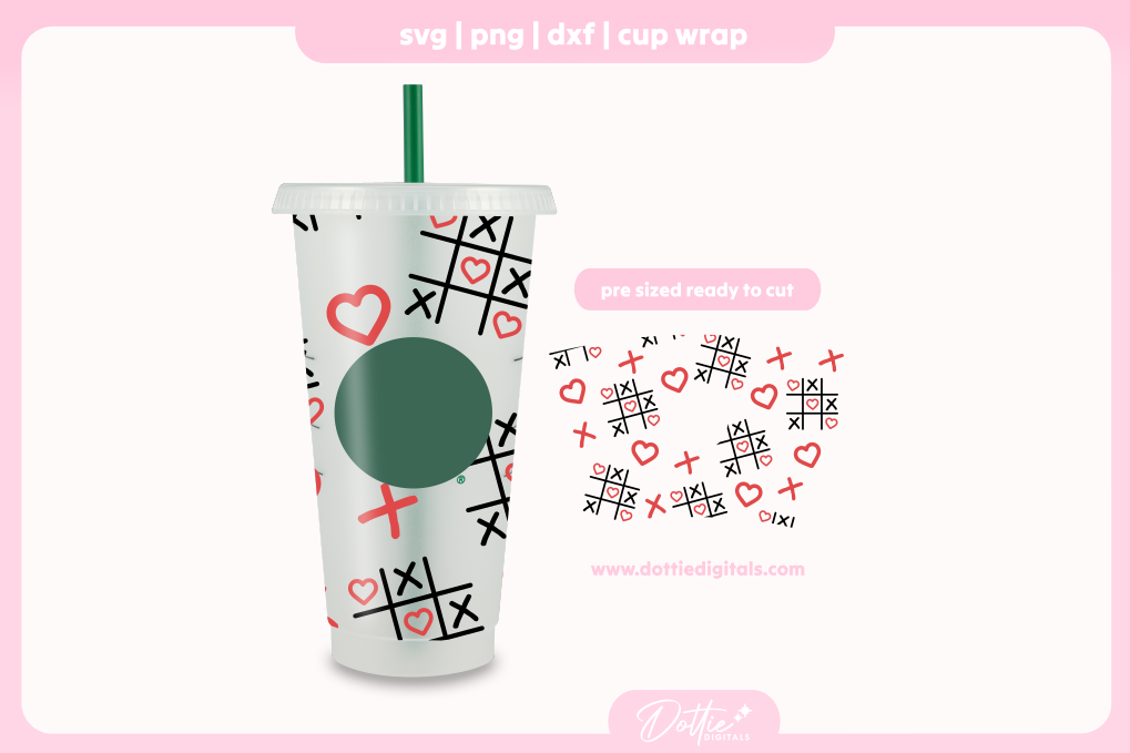 Tic Tac Toe Love Hearts Valentines Day Noughts and Crosses Romantic Heart 24oz Starbucks Cold Cup SVG PNG