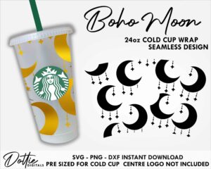 Boho Moon Starbucks Cold Cup SVG PNG DXF Cutting File 24oz Astrology Venti Cup Instant Witch Spiritual Digital Download Coffee Mystical