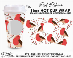 Christmas Robins and Holly Leaves Starbucks SVG Winter Hot Cup PNG DXF Cutting File 16oz Grande Instant Digital Download Coffee
