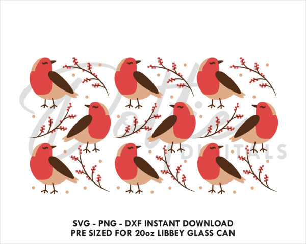Festive Robins and Holly Leaves Libbey Glass Can SVG Christmas 20oz Can Wrap PNG DXF Seamless Cup Cutting File - Image 2