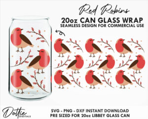 Festive Robins and Holly Leaves Libbey Glass Can SVG Christmas 20oz Can Wrap PNG DXF Seamless Cup Cutting File