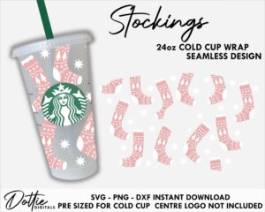 Festive Stockings Starbucks Cold Cup SVG PNG DXF Christmas Cutting File 24oz Xmas Venti Cup Instant Digital Download Coffee Cricut Mug