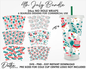 6 File SVG Bundle 4th of July 24oz Starbucks Cold Cup No Hole Venti Full Wrap Svg Png Dxf Cutting File