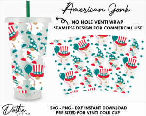 American Gonks Starbucks Cold Cup No Hole SVG PNG Dxf No Gap 4th July Independence Day Gnomes Usa Full Wrap Cutting File 24oz Venti Cup