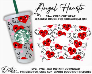 Angel Hearts Starbucks Cold Cup SVG PNG DXF Valentines Cute Love Heart Winged Cutting File 24oz Venti Cup Instant Digital Download