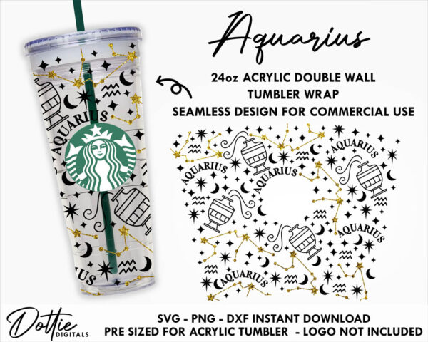 Aquarius Star Sign Starbucks Double Wall Acrylic Tumbler SVG PNG DXF Zodiac Symbol 24oz Venti Cup Digital Download Snow Globe Confetti Cup