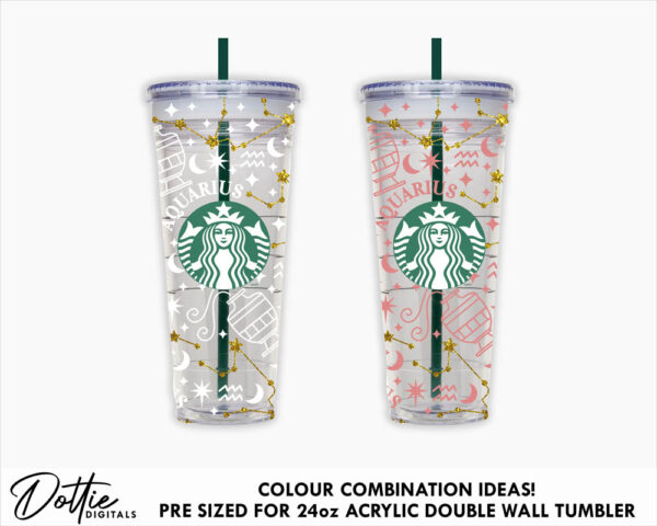 Aquarius Star Sign Starbucks Double Wall Acrylic Tumbler SVG PNG DXF Zodiac Symbol 24oz Venti Cup Digital Download Snow Globe Confetti Cup - Image 3