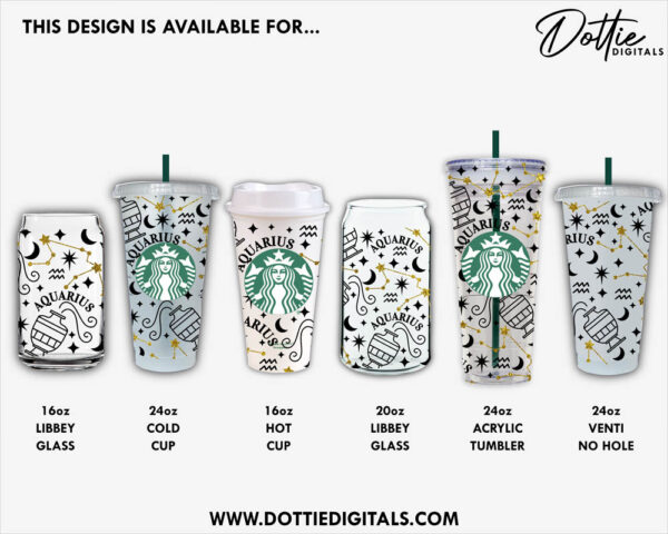 Aquarius Star Sign Starbucks Double Wall Acrylic Tumbler SVG PNG DXF Zodiac Symbol 24oz Venti Cup Digital Download Snow Globe Confetti Cup - Image 4