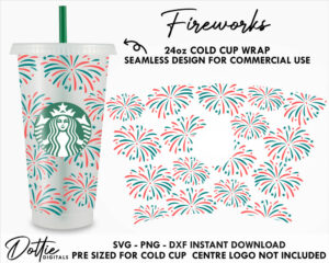 Fireworks Starbucks Cold Cup SVG PNG DXF Cut File 24oz 4th of July Independence Day Venti Cup Instant Digital Download Coffee Tumbler