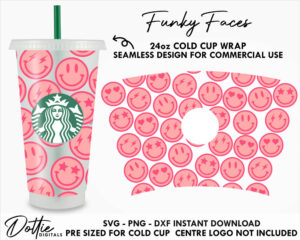 Funky Faces Starbucks Cold Cup SVG PNG Dxf Smiley Faces Cutting File 24oz Venti Cup Instant - Vinyl Cricut Cameo Template