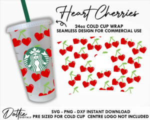 Heart Cherries Starbucks Cold Cup SVG PNG DXF Valentines Day Romantic Hearts Cherry Cutting File 24oz Venti Cup Instant Digital Download