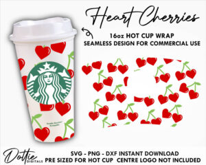 Heart Cherries Starbucks Hot Cup SVG Valentines Day Hot Cup Svg PNG DXF Cutting File 16oz Grande Digital Download Love Heart Shaped Cherry