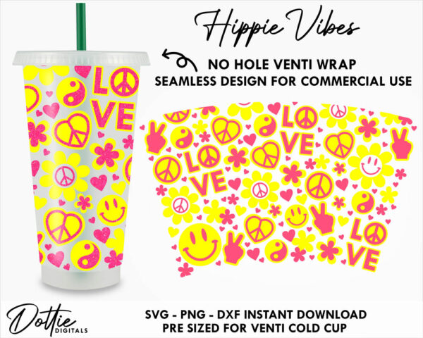 Hippie Vibes Starbucks Cold Cup No Hole SVG PNG Dxf No Gap Hippy Festival 80's Peace and Love Full Wrap Cutting File 24oz Venti Cup