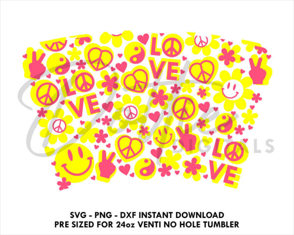 Hippie Vibes Starbucks Cold Cup No Hole SVG PNG Dxf No Gap Hippy Festival 80's Peace and Love Full Wrap Cutting File 24oz Venti Cup - Image 2