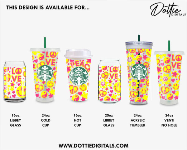 Hippie Vibes Starbucks Cold Cup No Hole SVG PNG Dxf No Gap Hippy Festival 80's Peace and Love Full Wrap Cutting File 24oz Venti Cup - Image 3