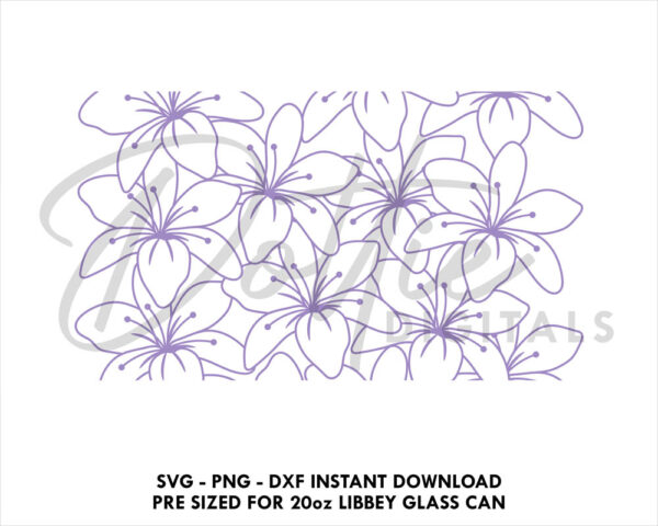 Line Drawing  Lily Flowers 20oz Libbey Glass Can SVG Libbey Can Flowers Floral Botanical Wrap Svg PNG DXF Libbey Cup Cutting File Instant - Image 2
