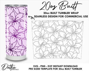 Lily 20 Oz Built Tapered Tumbler Wrap SVG PNG Dxf Bottle Tumbler Template  -  Lilies Line Drawing Flowers Pattern Instant Digital Download