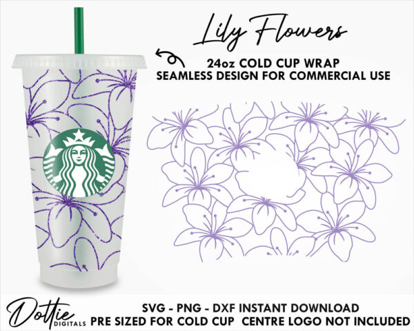 Line Drawing Lily Flowers Starbucks Cold Cup SVG PNG DXF Lilies Floral Botanical Cutting File 24oz Venti Cup Instant Digital Download