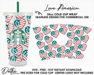 American Flag Heart Starbucks Cold Cup SVG PNG Dxf Cut File 24oz America 4th of July Independence Day Venti Cup Coffee Vector Tumbler