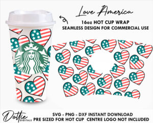 American Flag Hearts Starbucks Cup SVG 4th July Hot Cup PNG Dxf Cutting File 16oz Grande Independence Day Instant Digital Download Travel