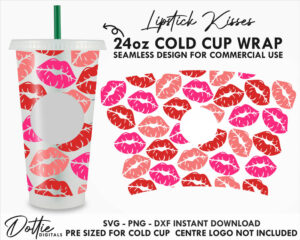 Lipstick Kisses Starbucks Cold Cup SVG PNG DXF Lips Kiss Valentines Day Romantic Hearts Cutting File 24oz Venti Cup Instant Digital Download