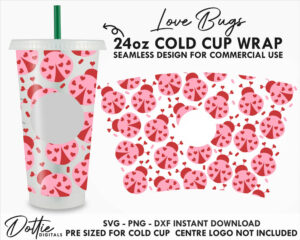 Love Bug Starbucks Cold Cup SVG PNG DXF Lady Bug Cute Valentines Day Romantic Hearts Cutting File 24oz Venti Cup Instant Digital Download