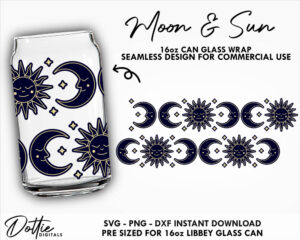 Sun and Moon Libbey Glass Wrap SVG Boho Sky Stars 16oz Libbey Can Svg Png DXF Libbey Cup Mystical Cutting File Instant Digital Download