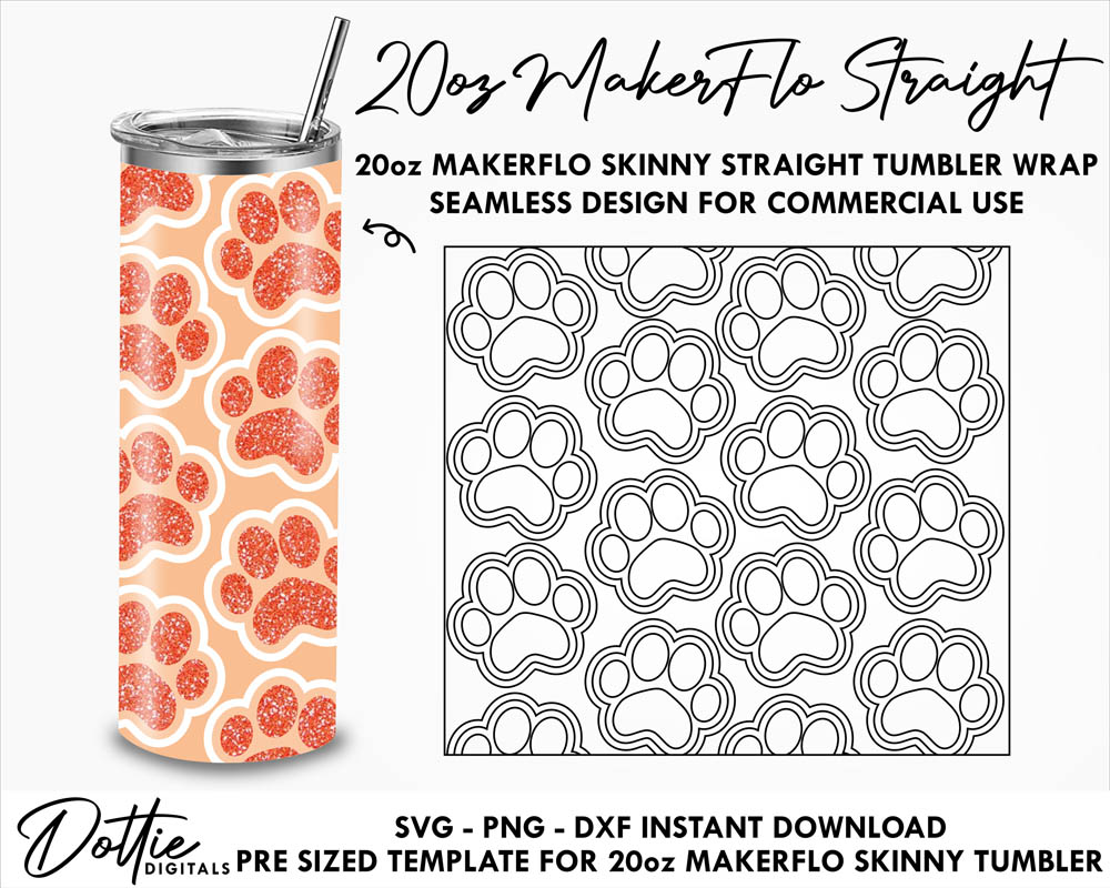Paw Print Makerflo 20 oz Tumbler Template Skinny Straight SVG PNG Dxf Straight Animal Burst Pattern Tumblers Wrap Cutfile - Digital Download