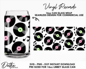 Vinyl Records 16oz Glass Can Cutfile SVG PNG DXF - Vintage Music Libbey Can Wrap Cup Cutting File - Instant Digital Download