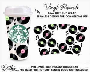 Vinyl Records Starbucks Hot Cup SVG Music Disco Cd's  Hot Cup Svg PNG DXF Cutting File 16oz Reusable Grande Download