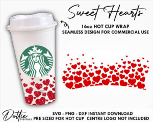 Scattered Heart Starbucks Hot Cup SVG Valentines Day Hot Cup Svg PNG DXF Cutting File 16oz Grande Digital Download Love Heart Wrap For Hot