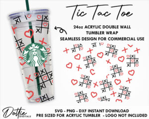 Tic Tac Toe Hearts Double Wall Acrylic Tumbler SVG PNG DXF Love Heart Valentines Day 24oz Venti Cup Digital Download Snow Globe Confetti