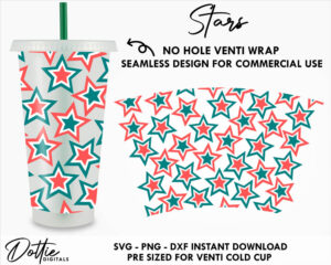 Star Pattern Starbucks Cold Cup No Hole SVG PNG Dxf No Gap 4th July Independence Day Usa Full Wrap Cutting File 24oz Venti Cup