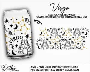 Virgo Libbey Glass Wrap SVG Star Sign  Zodiac Symbol Constellation 16oz Libbey Can Svg Png DXF Libbey Cup Cutting File Digital Download